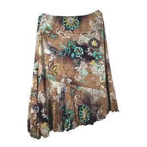 Style & Co Sz M Brown Floral Below Knee Hem Asymmetrical Elastic Waist Skirt